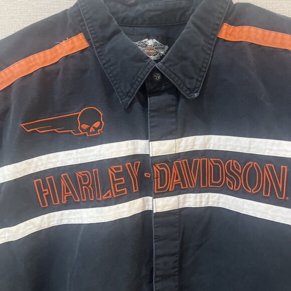 Harley Davidson Mens Navy Blue, Orange, White Button Up Shirt Jacket  Size 3XL - Picture 2 of 12